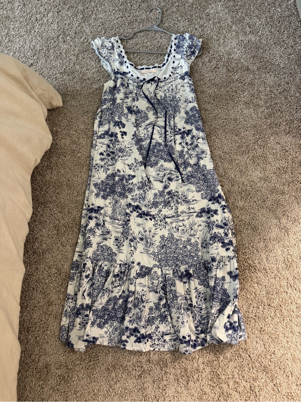 Olivaceous White Maxi Dress with Navy Toile Print